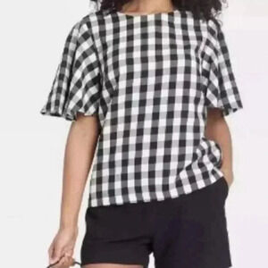 A New Day Black and White Buffalo Plaid Flutter Sleeve Top